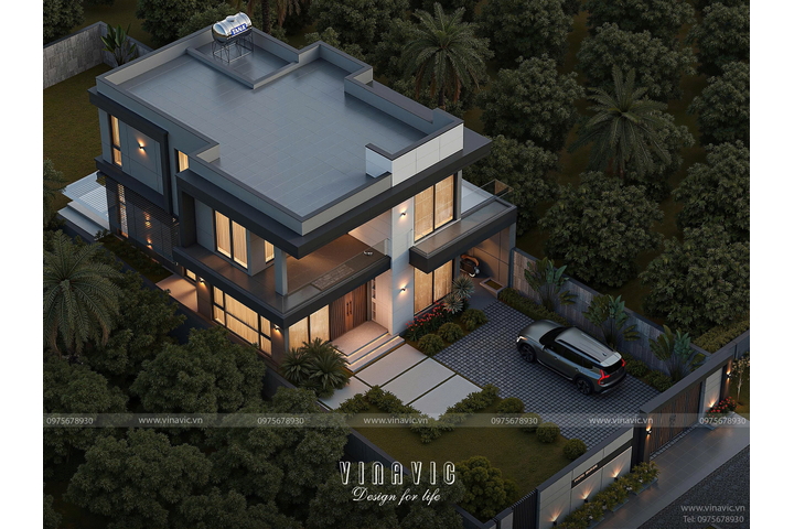 Mẫu biệt thự mái bằng 2 tầng hiện đại 3 phòng ngủ 11x14m BT2445