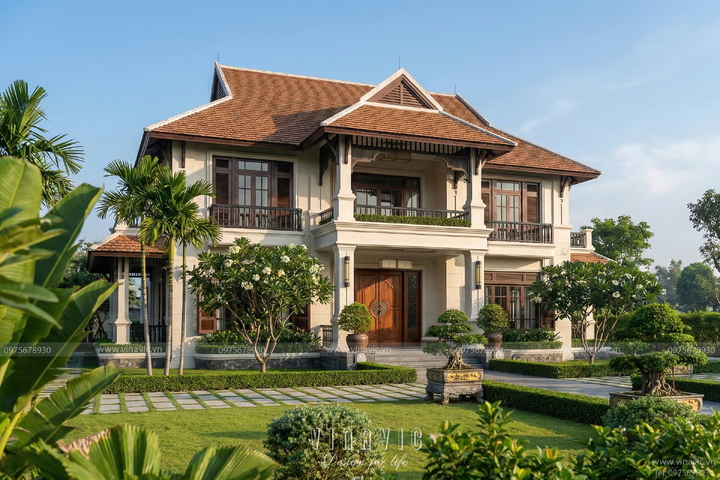Mẫu nhà vườn phong cách Indochine Đông Dương 20x20m BT2455