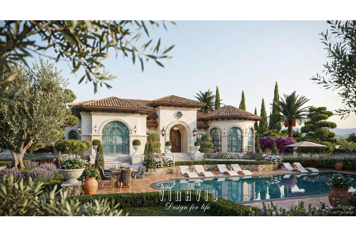 Mẫu Villa 1 tầng phong cách Địa Trung Hải 22m x 14m BT2456