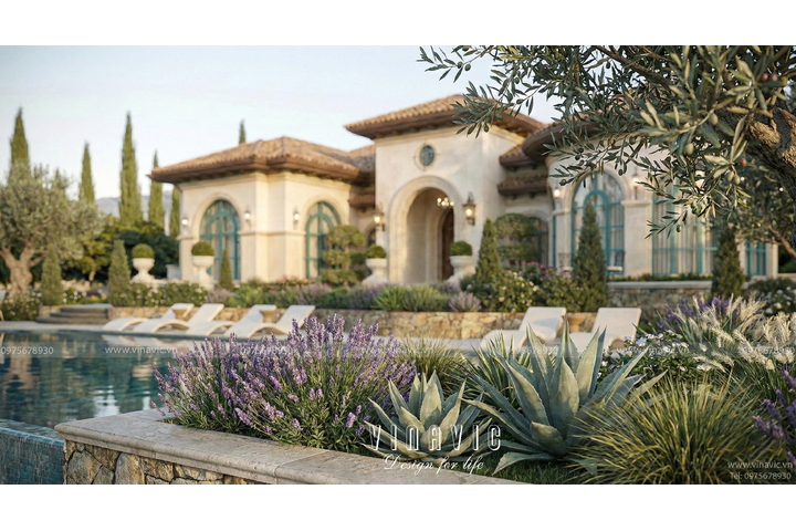 Mẫu Villa 1 tầng phong cách Địa Trung Hải 22m x 14m BT2456