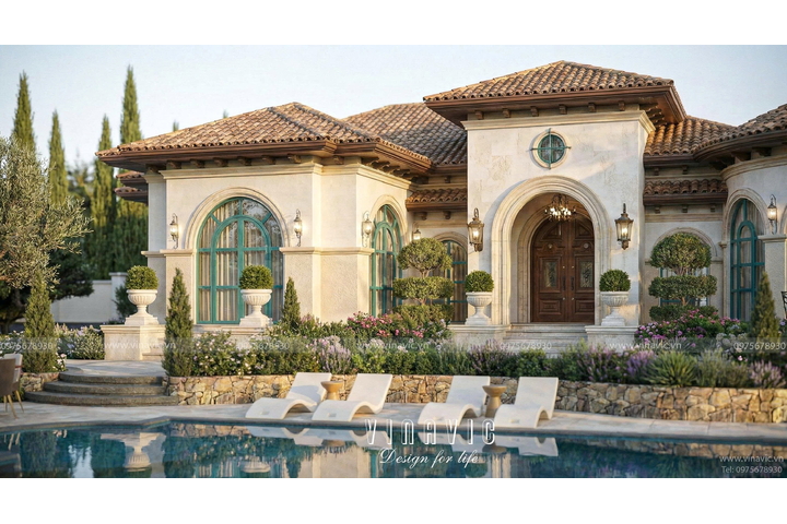 Mẫu Villa 1 tầng phong cách Địa Trung Hải 22m x 14m BT2456