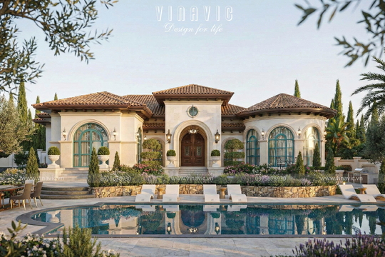 Mẫu Villa 1 tầng phong cách Địa Trung Hải 22m x 14m BT2456