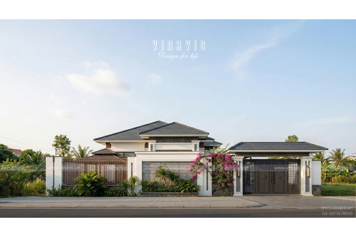 Thiết kế nhà mái nhật hiện đại 1 tầng 4 phòng ngủ 9x19m NP2364