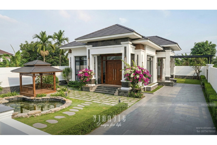 Thiết kế nhà mái nhật hiện đại 1 tầng 4 phòng ngủ 9x19m NP2364