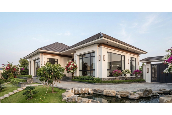 Mẫu thiết kế nhà 1 tầng hiện đại mái nhật chữ L 4 phòng ngủ 18x13m NP2365