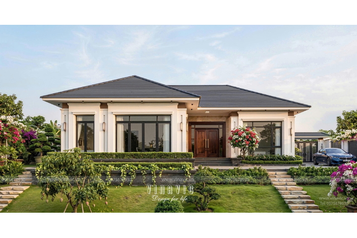 Mẫu thiết kế nhà 1 tầng hiện đại mái nhật chữ L 4 phòng ngủ 18x13m NP2365