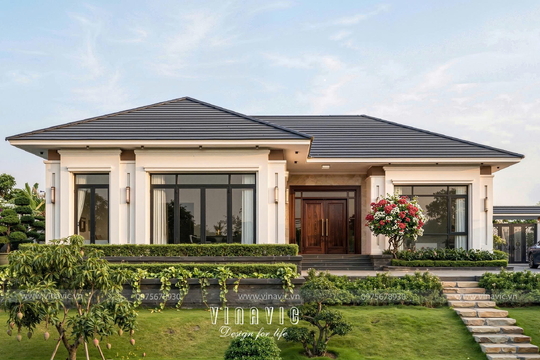 Mẫu thiết kế nhà 1 tầng hiện đại mái nhật chữ L 4 phòng ngủ 18x13m NP2365