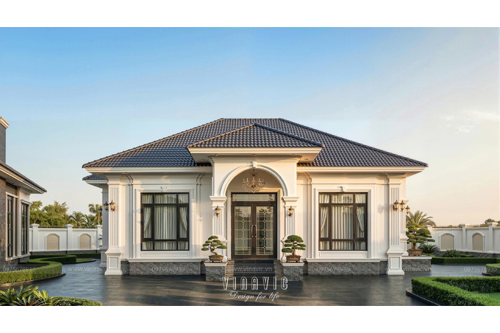 Mẫu thiết kế biệt thự 1 tầng 3 phòng ngủ Tân Cổ Điển 14x9m BT2461