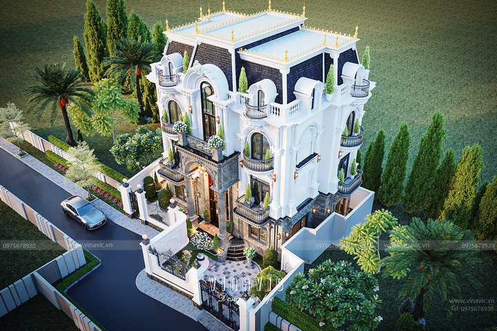 Thiết kế kiến trúc biệt thự 4 tầng tân cổ điển 14x9m BT2462