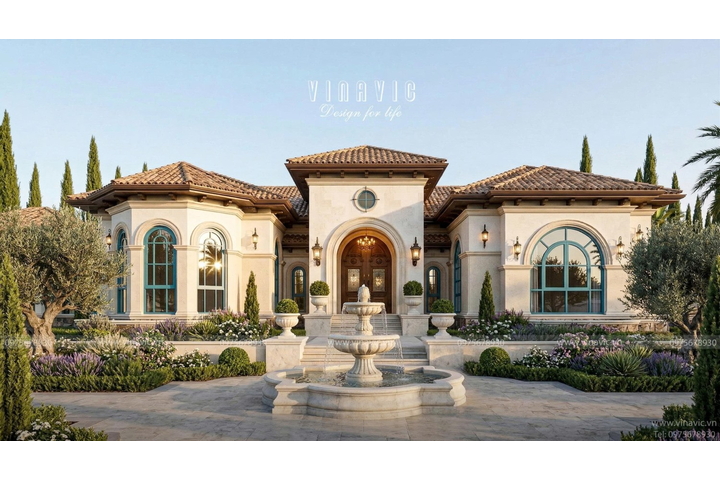 Mẫu nhà biệt thự vườn 1 tầng đẹp 330m2 kiểu Địa Trung Hải BT2468