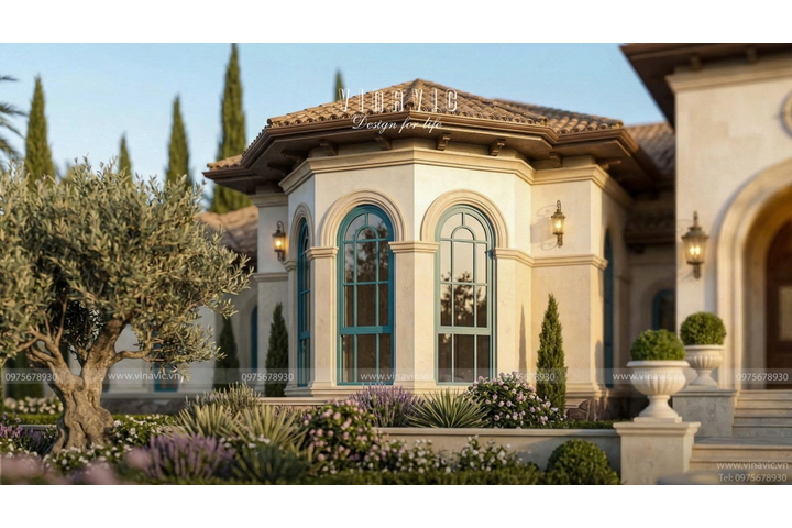 Mẫu nhà biệt thự vườn 1 tầng đẹp 330m2 kiểu Địa Trung Hải BT2468