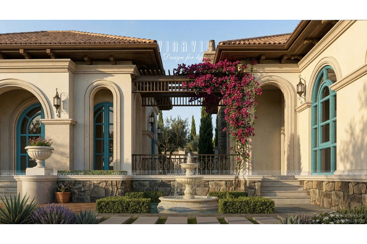 Mẫu nhà biệt thự vườn 1 tầng đẹp 330m2 kiểu Địa Trung Hải BT2468