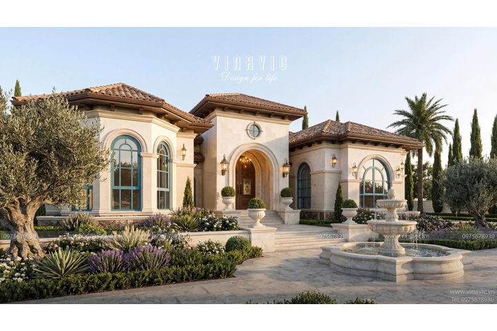 Mẫu nhà biệt thự vườn 1 tầng đẹp 330m2 kiểu Địa Trung Hải BT2468