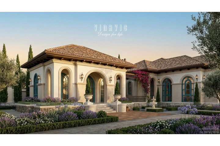 Mẫu nhà biệt thự vườn 1 tầng đẹp 330m2 kiểu Địa Trung Hải BT2468
