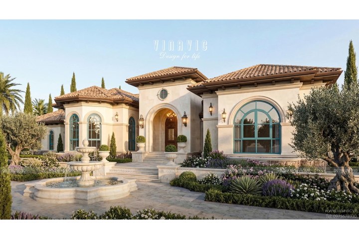Mẫu nhà biệt thự vườn 1 tầng đẹp 330m2 kiểu Địa Trung Hải BT2468