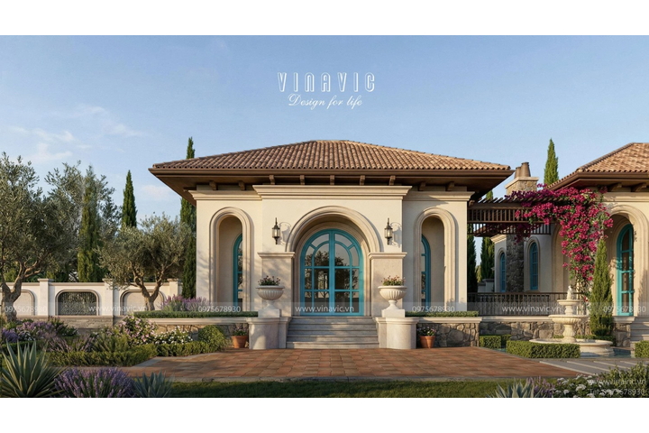 Mẫu nhà biệt thự vườn 1 tầng đẹp 330m2 kiểu Địa Trung Hải BT2468