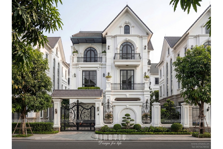 Thiết kế biệt thự phố tân cổ điển 3 tầng 1 áp mái 9x13m (117m2) BT2476