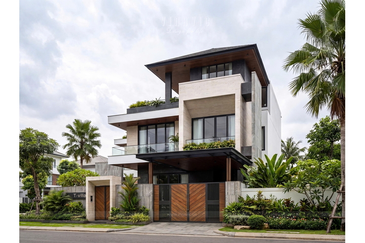 Biệt thự 3 tầng hiện đại chữ L mái Nhật (20x24m) 480m2 BT2483