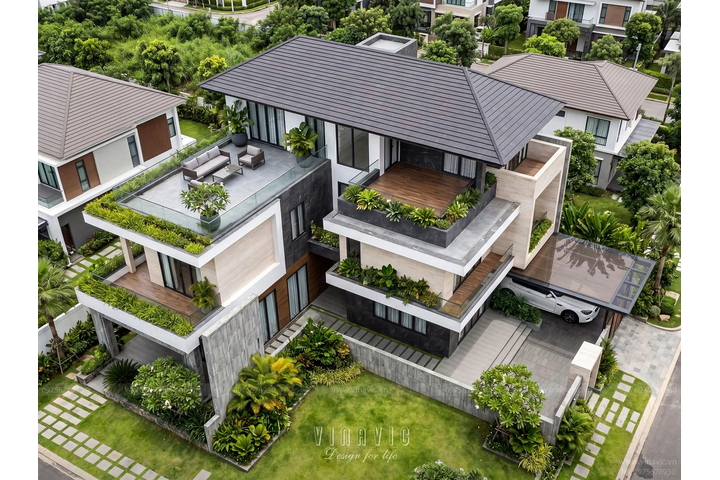 Biệt thự 3 tầng hiện đại chữ L mái Nhật (20x24m) 480m2 BT2483
