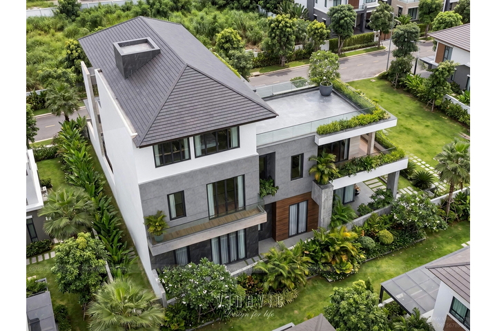 Biệt thự 3 tầng hiện đại chữ L mái Nhật (20x24m) 480m2 BT2483