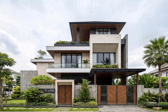 Biệt thự 3 tầng hiện đại chữ L mái Nhật (20x24m) 480m2 BT2483