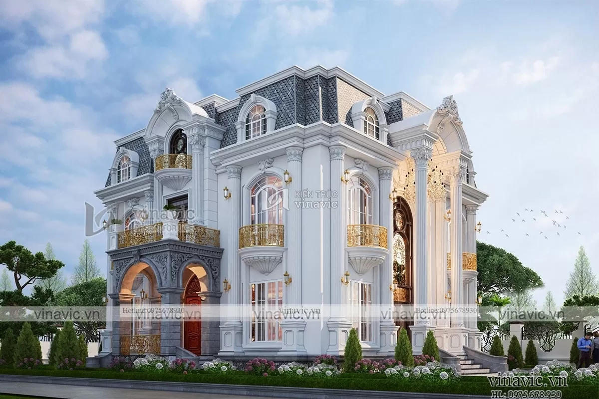 Mẫu thiết kế nhà tân cổ điển 2 tầng mặt tiền 12m ở Hưng Yên