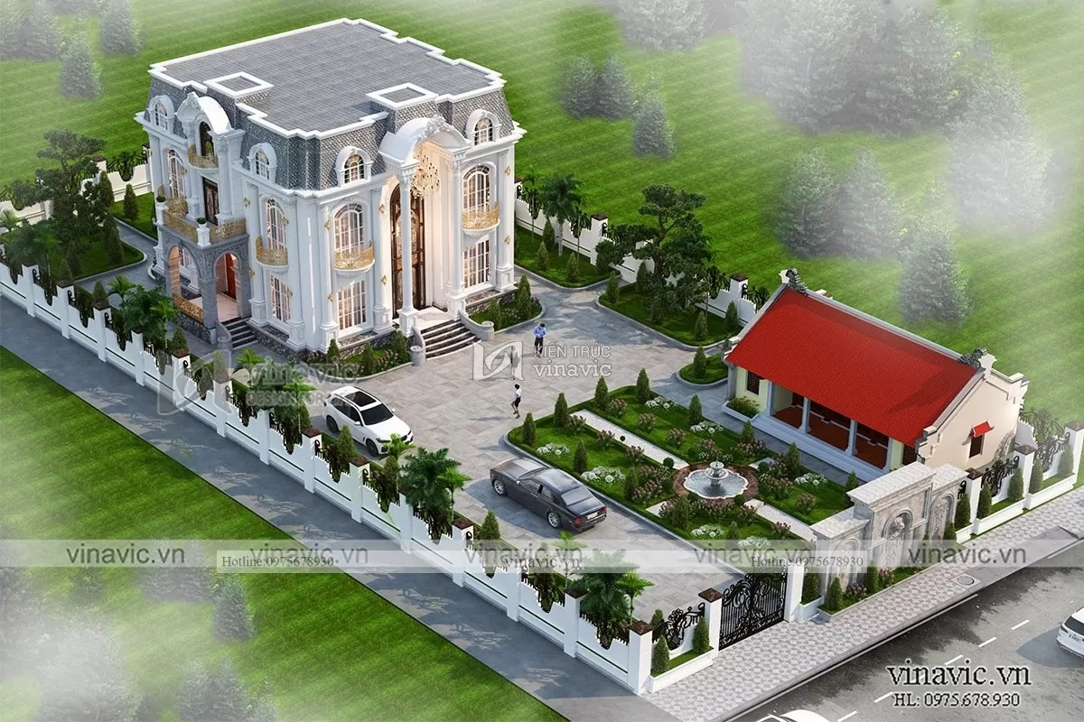 Mẫu thiết kế nhà tân cổ điển 2 tầng mặt tiền 12m ở Hưng Yên