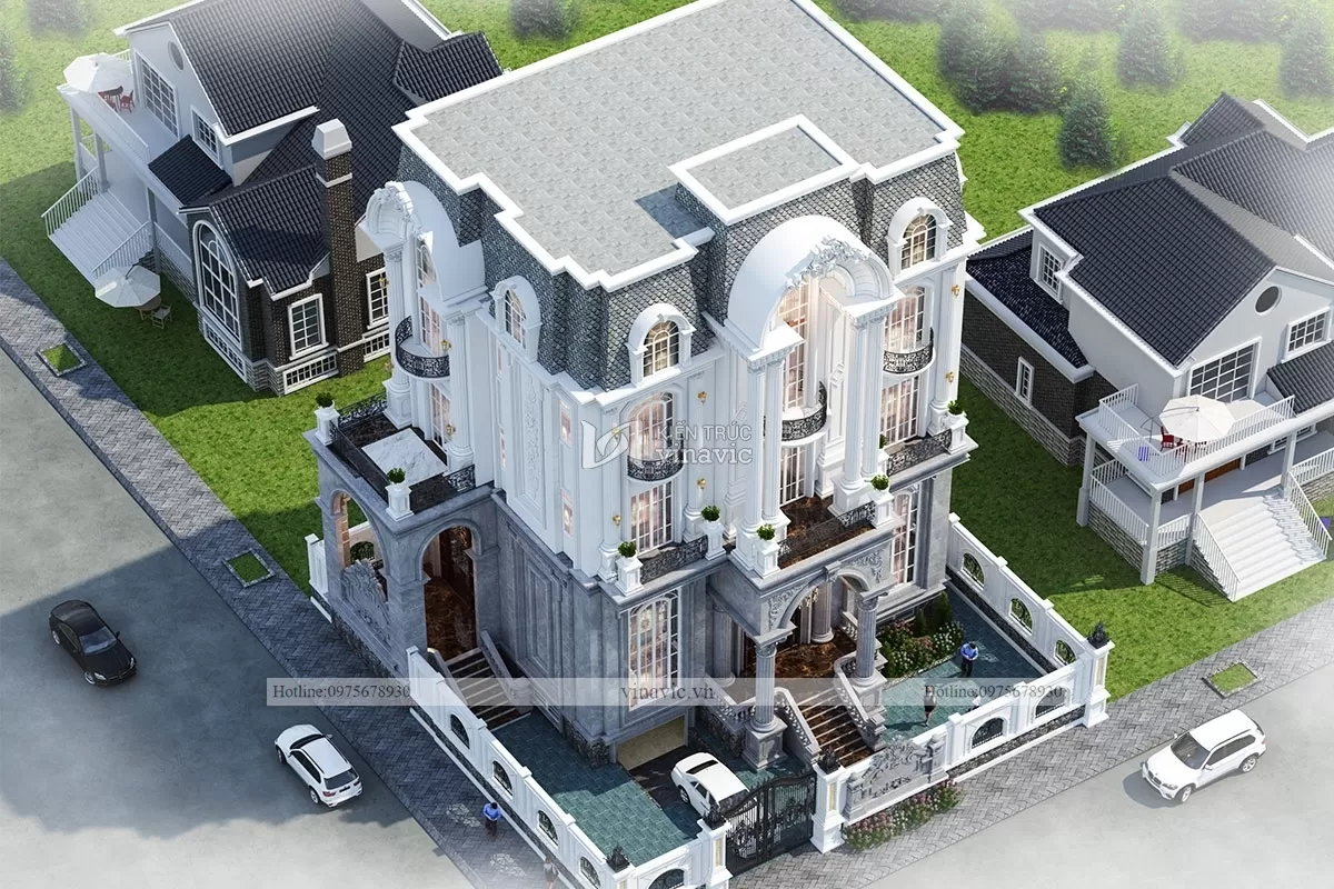 Thiết kế nhà biệt thự cổ điển 4 tầng rộng 15m sâu 15.5m
