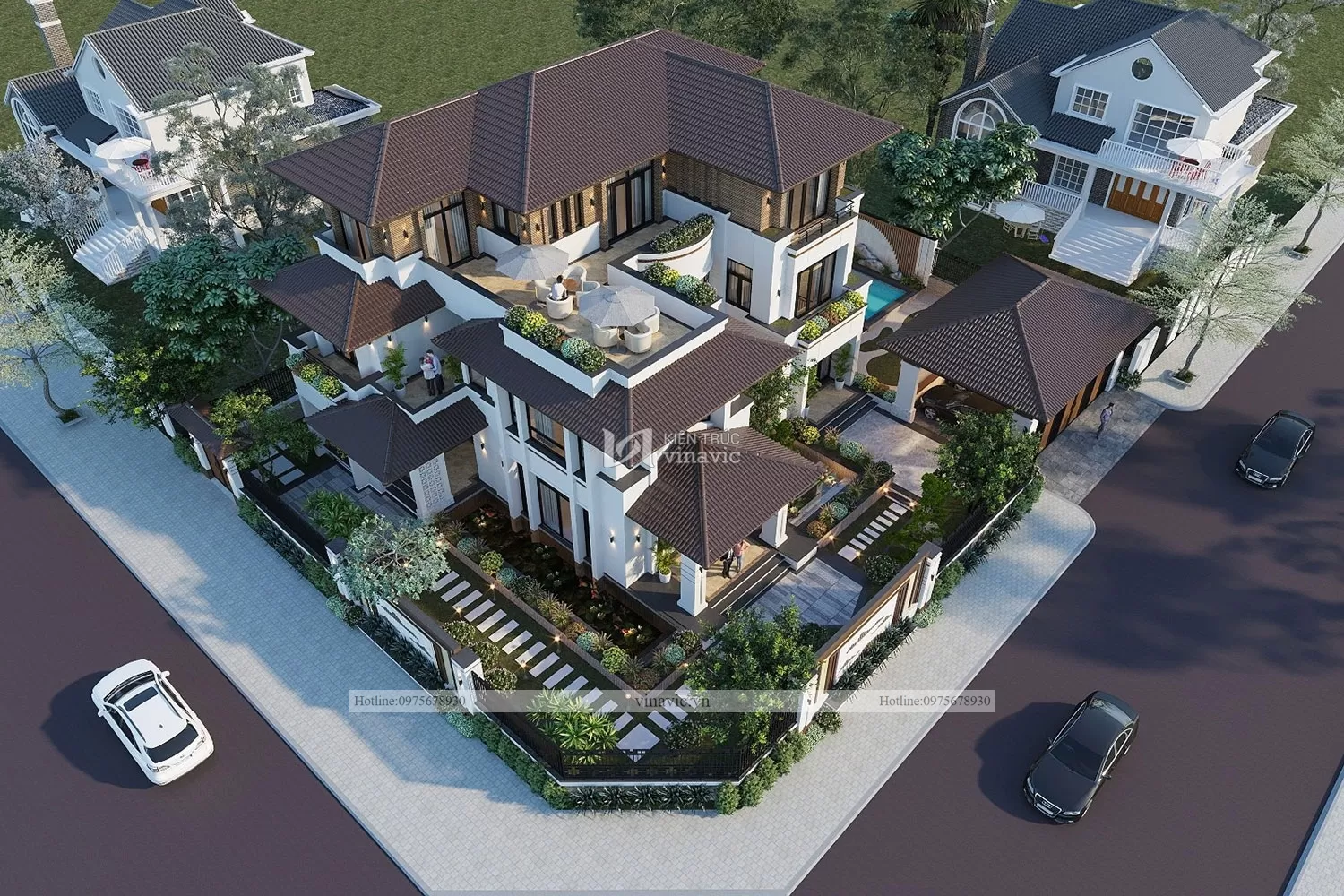 mẫu nhà 3 tầng 2 mặt tiền hiện đại lô góc