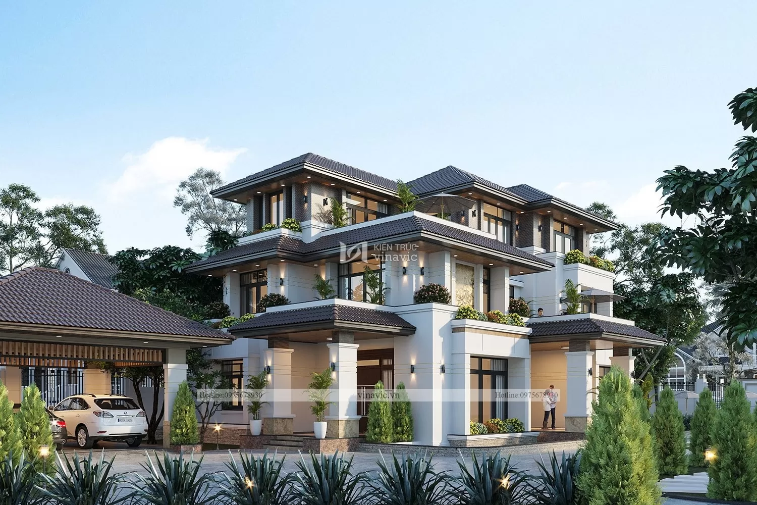 thiết kế biệt thự 3 tầng hiện đại mái nhật