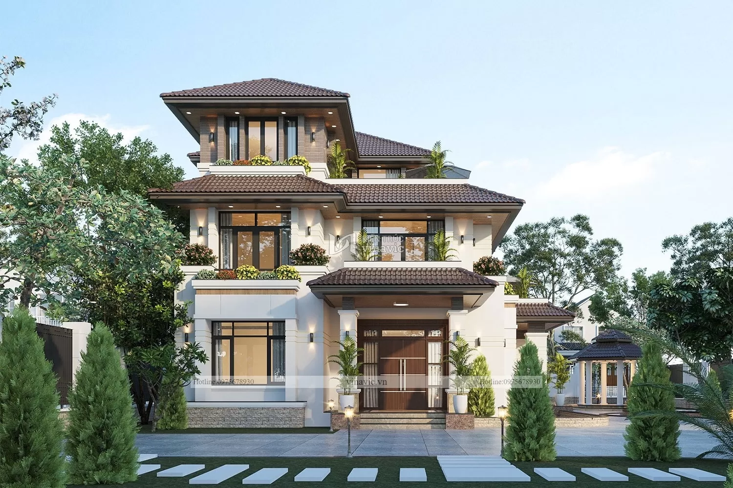 thiết kế biệt thự 3 tầng hiện đại mái nhật