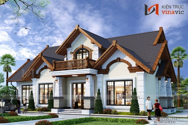 Biệt thự 1 tầng kiểu Pháp có gác lửng khi nhìn từ bên ngoài