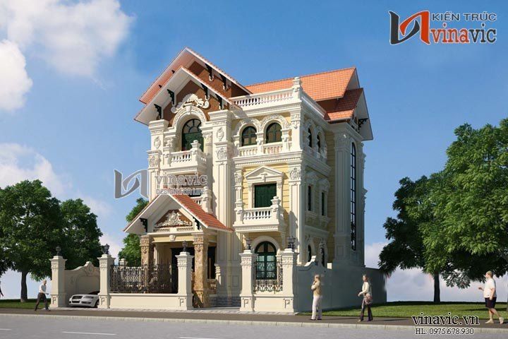 Khi nhìn vào mặt tiền biệt thự 3 tầng tân cổ điểnBT1423 có thể thấy ngôi nhà được xây dựng 3 tầng với phần ban công sảnh chính thiết kế vô cùng ấn tượng.