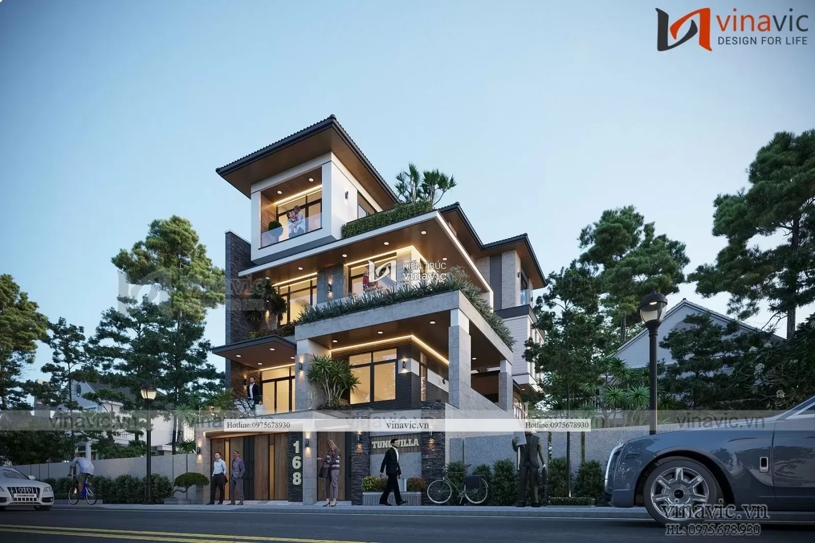 View góc phải mẫu nhà phố 9m mặt tiền có đường rộng trước nhà