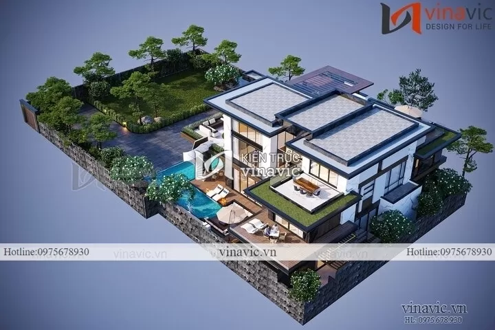 Mẫu biệt thự sân vườn 500m2 mái bằng hiện đại BT2224