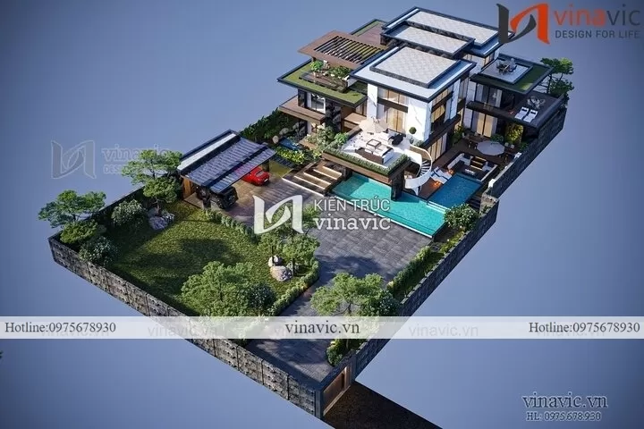 Mẫu biệt thự sân vườn 500m2 mái bằng hiện đại BT2224