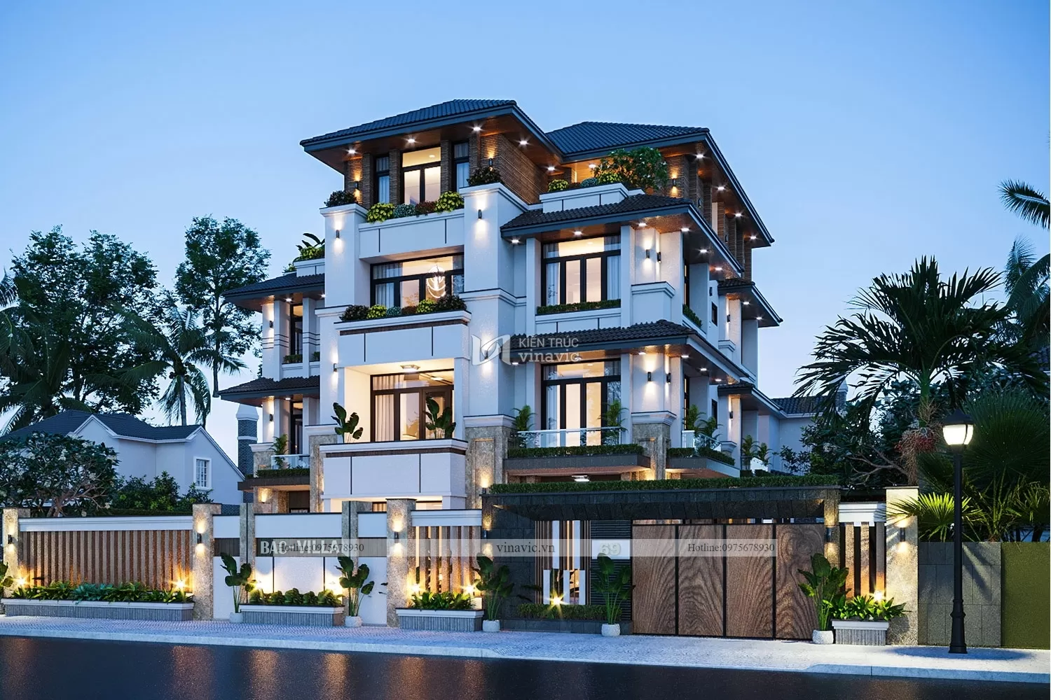 Phối cảnh về đêm của căn biệt thự 200m2 đẹp hiện đại 