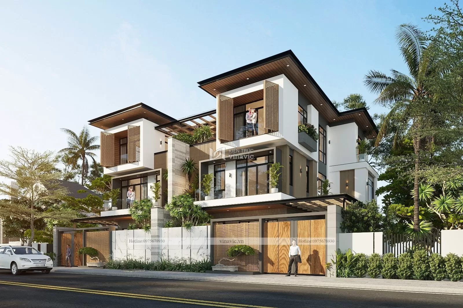 Wiew góc của căn biệt thự sân vườn có đường rộng trước nhà