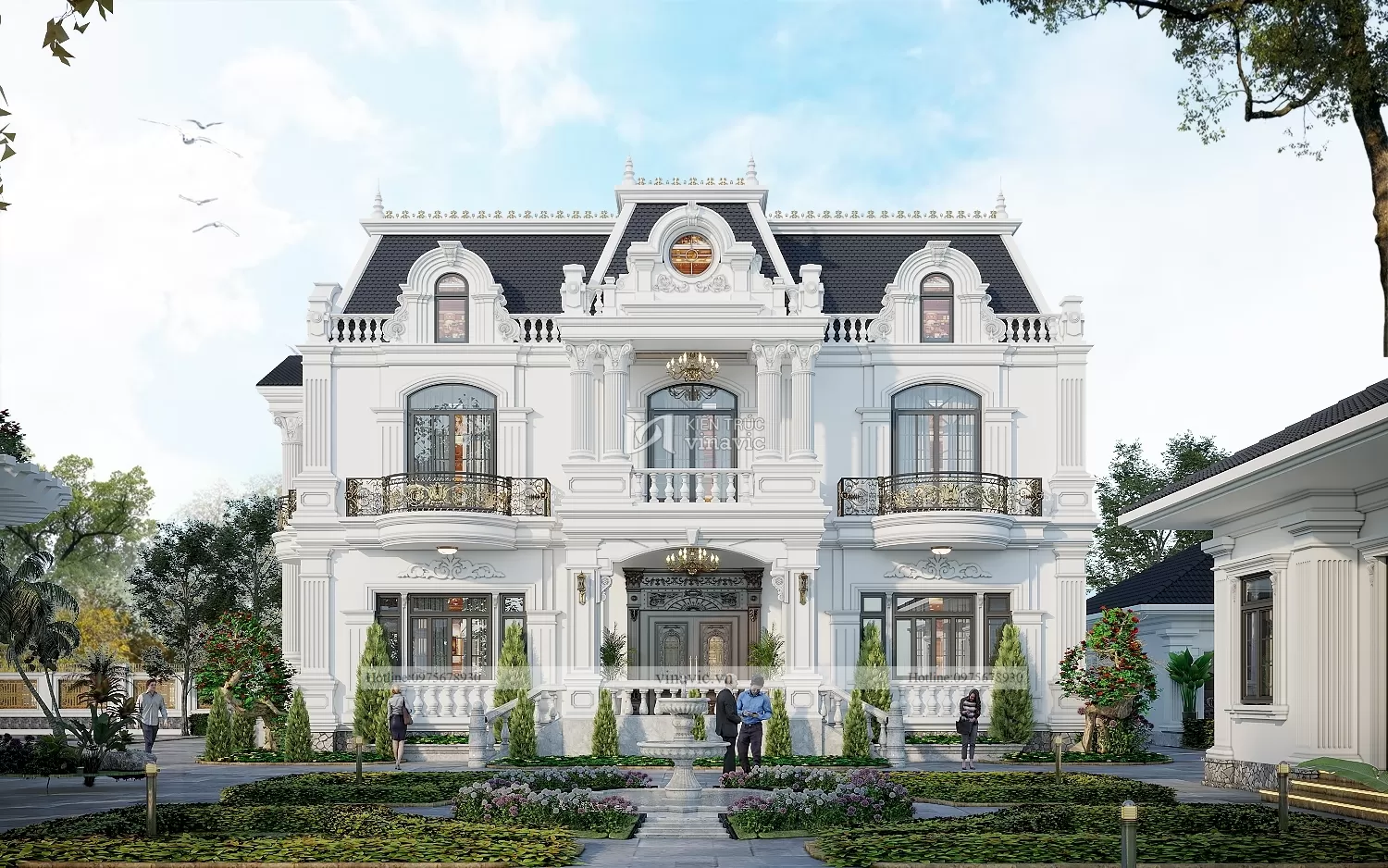 Sân vườn dinh thự 3 tầng BT2227 với đài phun nước và tiểu cảnh