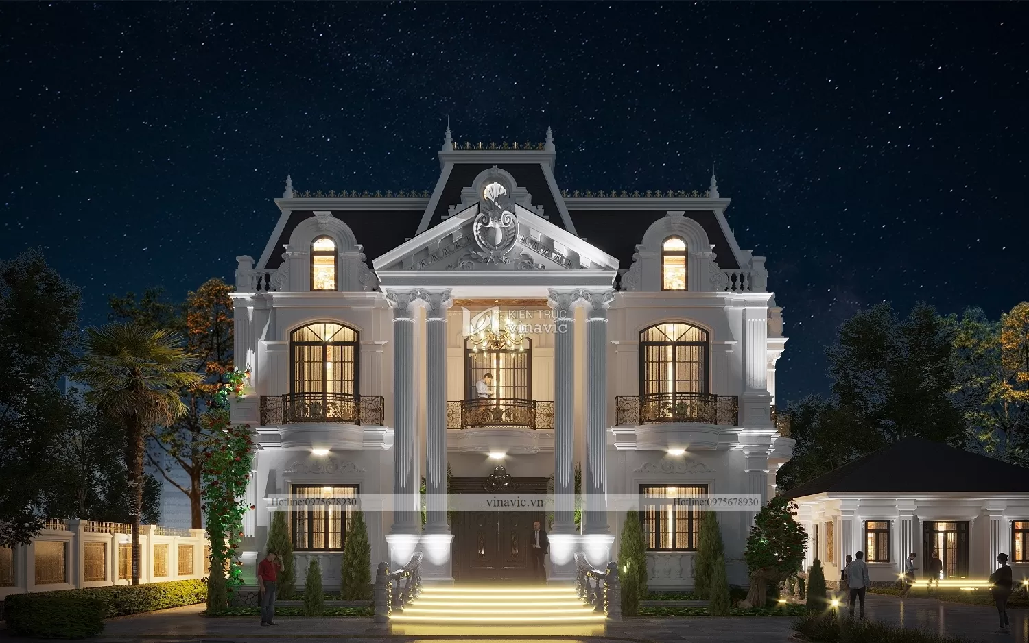 View chính diện biệt thự sân vườn đẹp BT22227 lung linh đèn về đêm