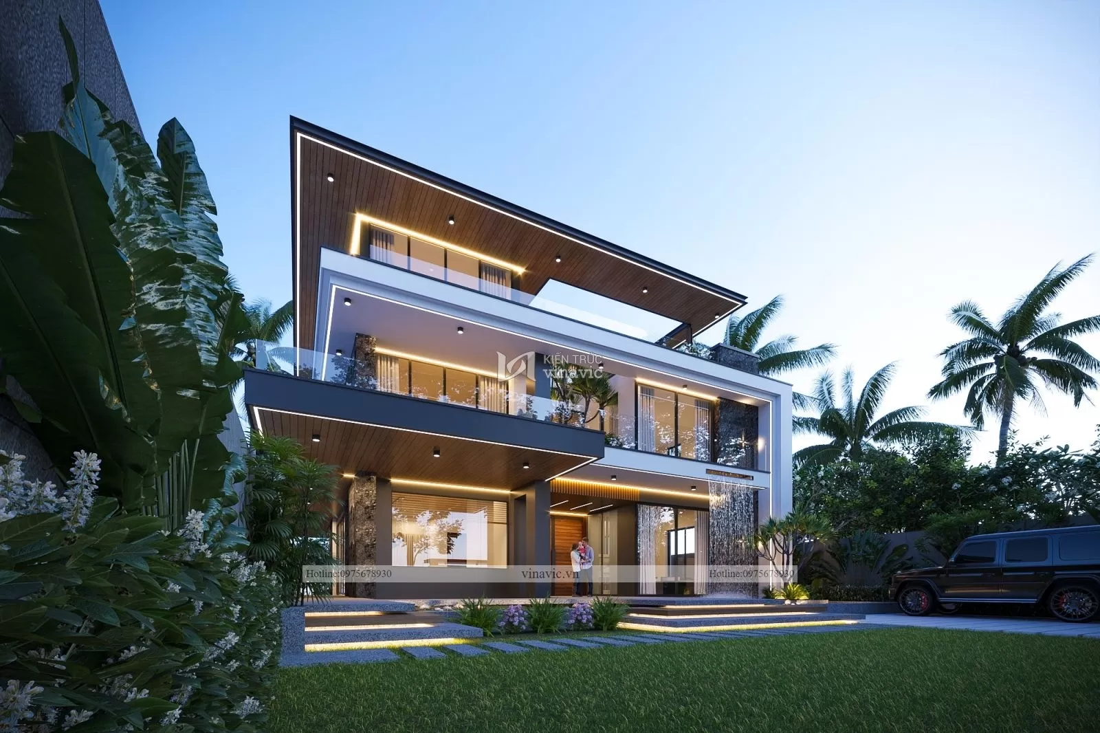 View góc trái mẫu nhà phố đẹp 3 tầng 14x20m khi lên đèn