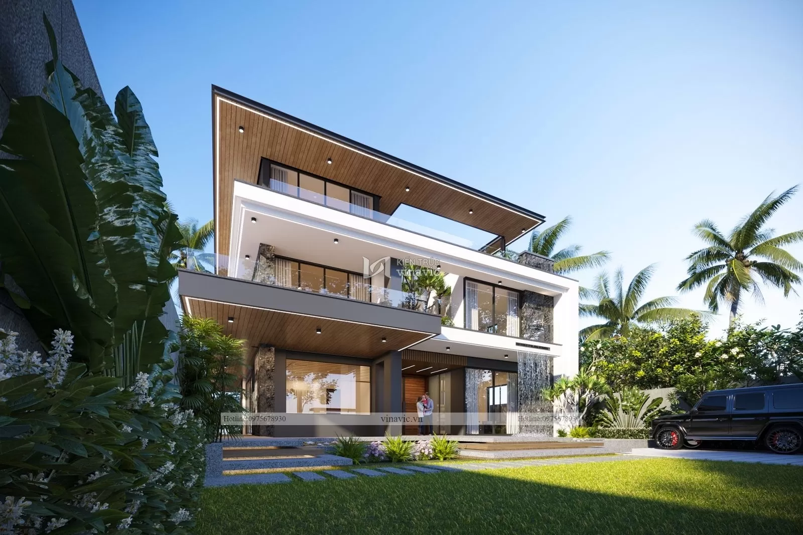 View mặt bên mẫu nhà phố đẹp 3 tầng 14x20m dưới ánh sáng tự nhiên