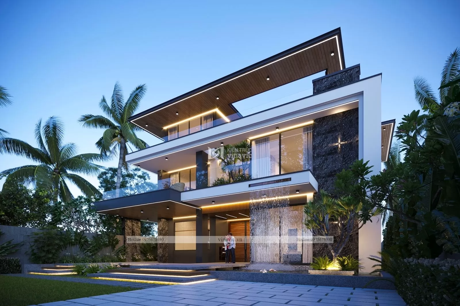 View góc phải biệt thự hiện đại mặt tiền 14m mái bằng xế chiều