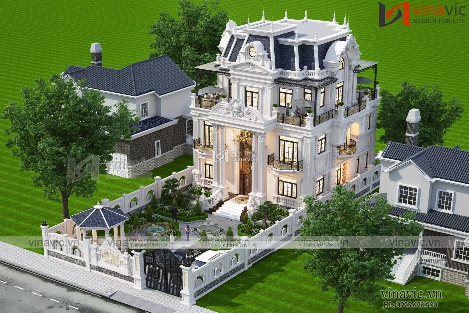 Phối cảnh 3D biệt thự lâu đài tân cổ điển kiểu Pháp 3 tầng nhìn từ trên cao