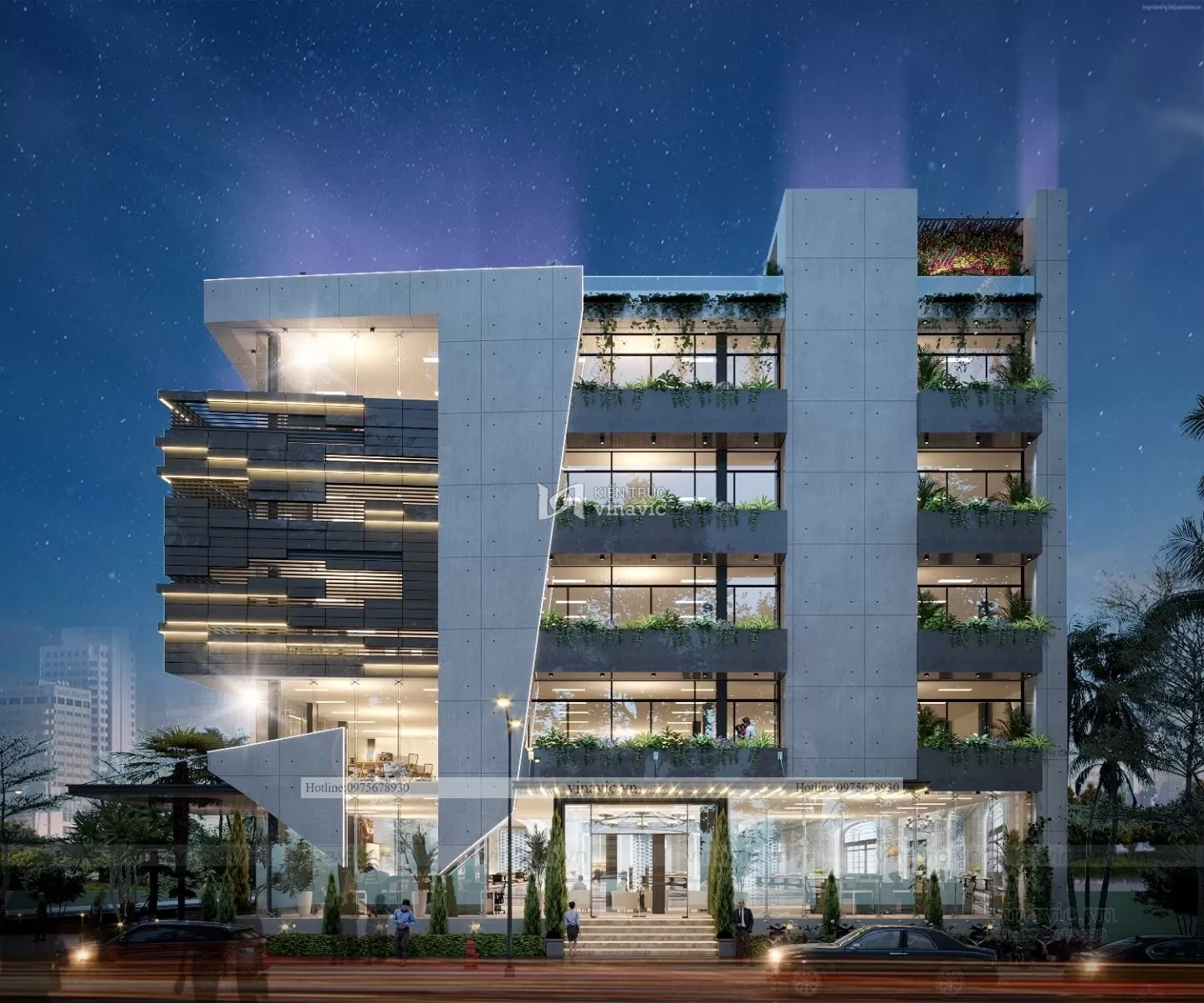 View mặt tiền về đêm của thiết kế toà nhà văn phòng hiện đại