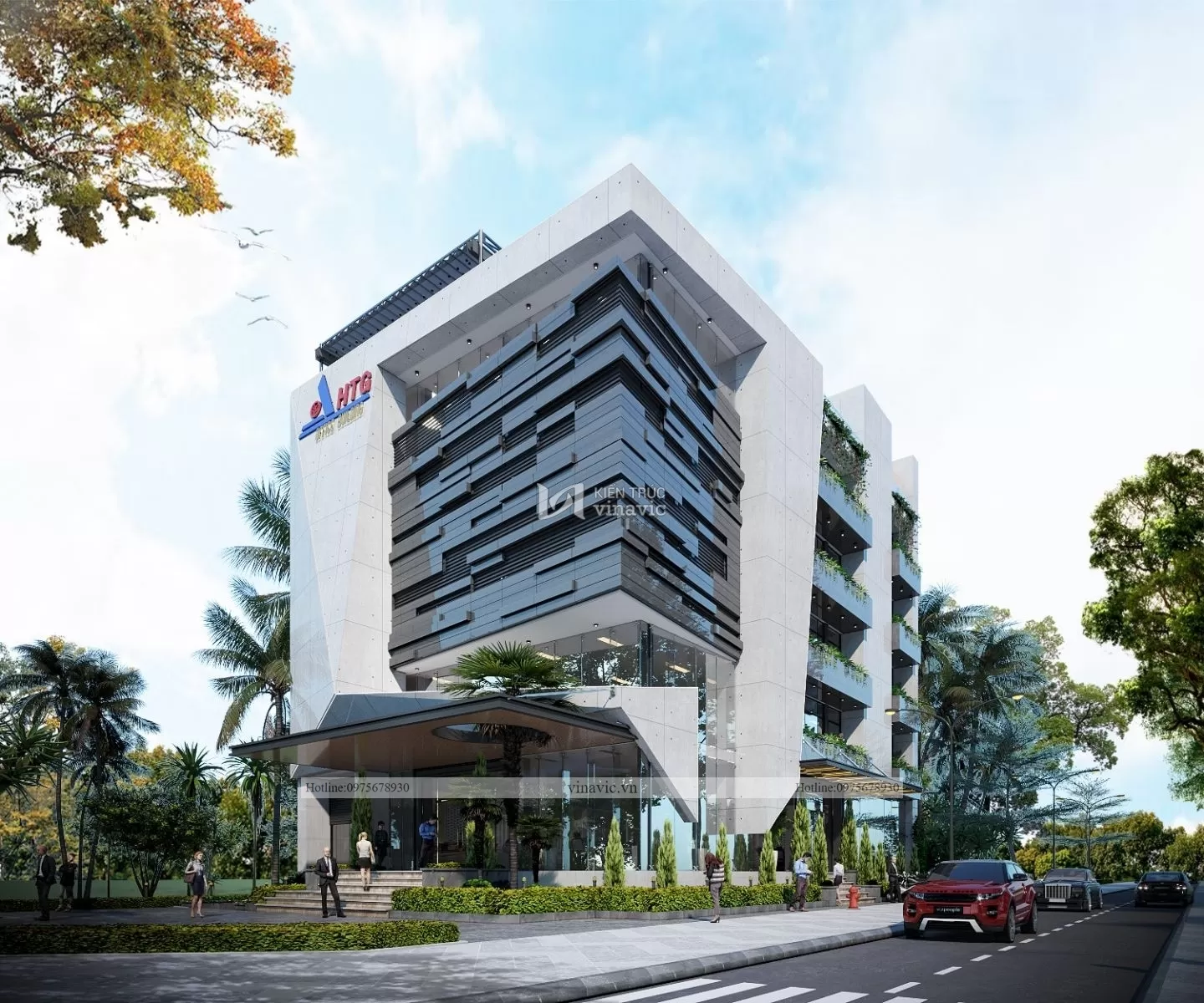 View 2 mặt tiền vào ban ngày của mẫu nhà văn phòng 6 tầng đẹp