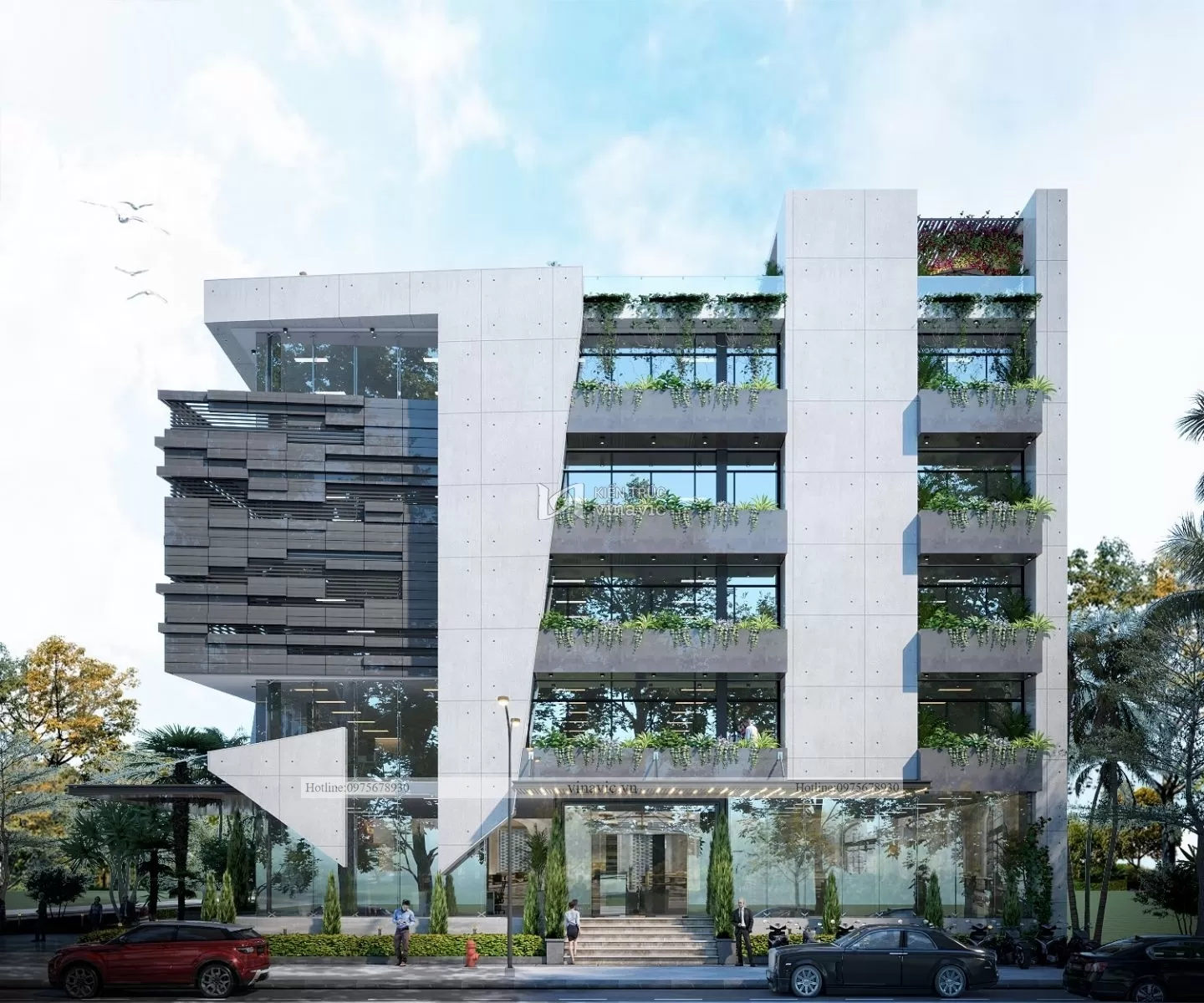 Phối cảnh mặt tiền thiết kế thi công văn phòng đẹp và hiện đại nhiều cây xanh