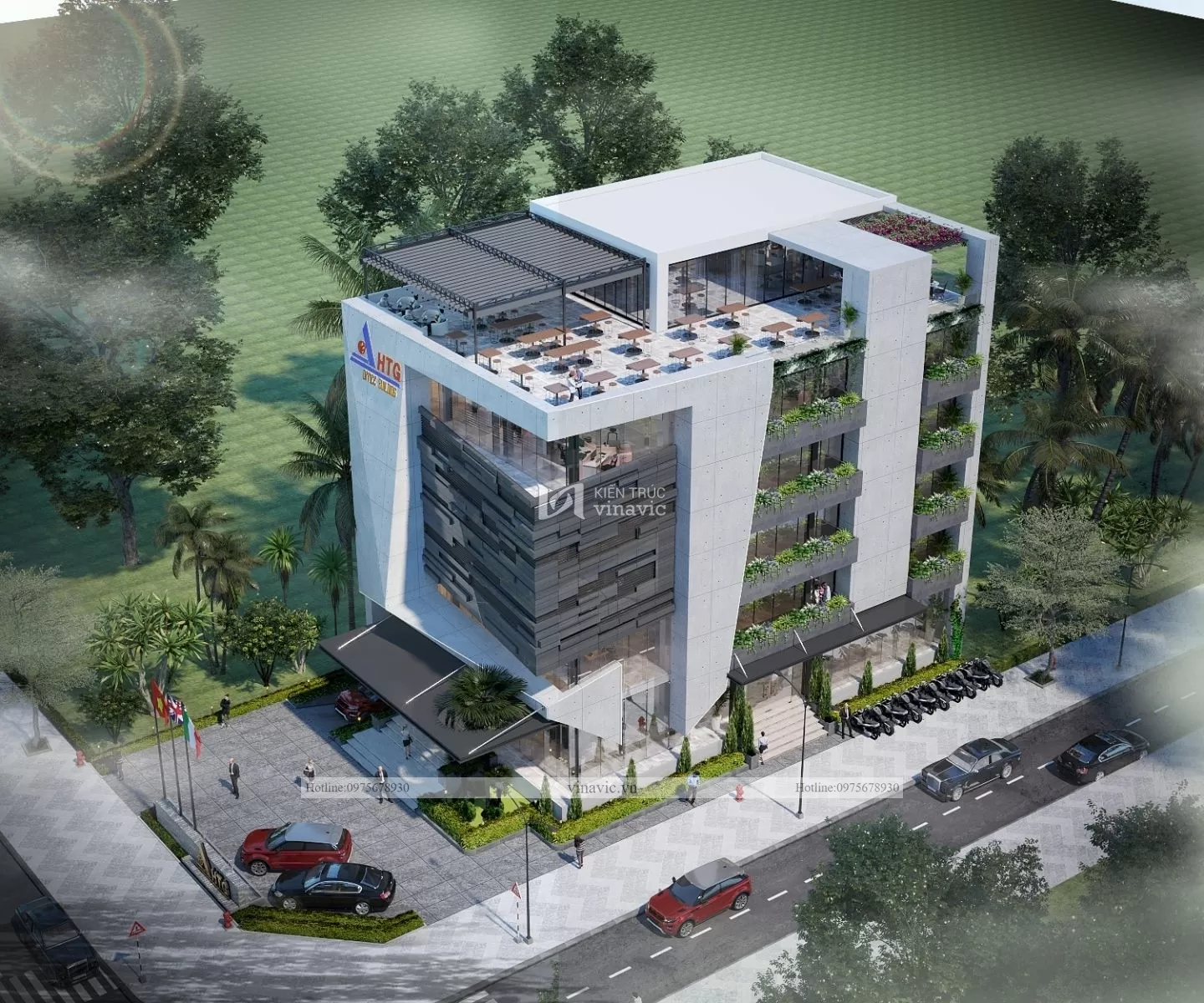 Phối cảnh 3D toà nhà văn phòng hiện đại nhìn từ trên cao