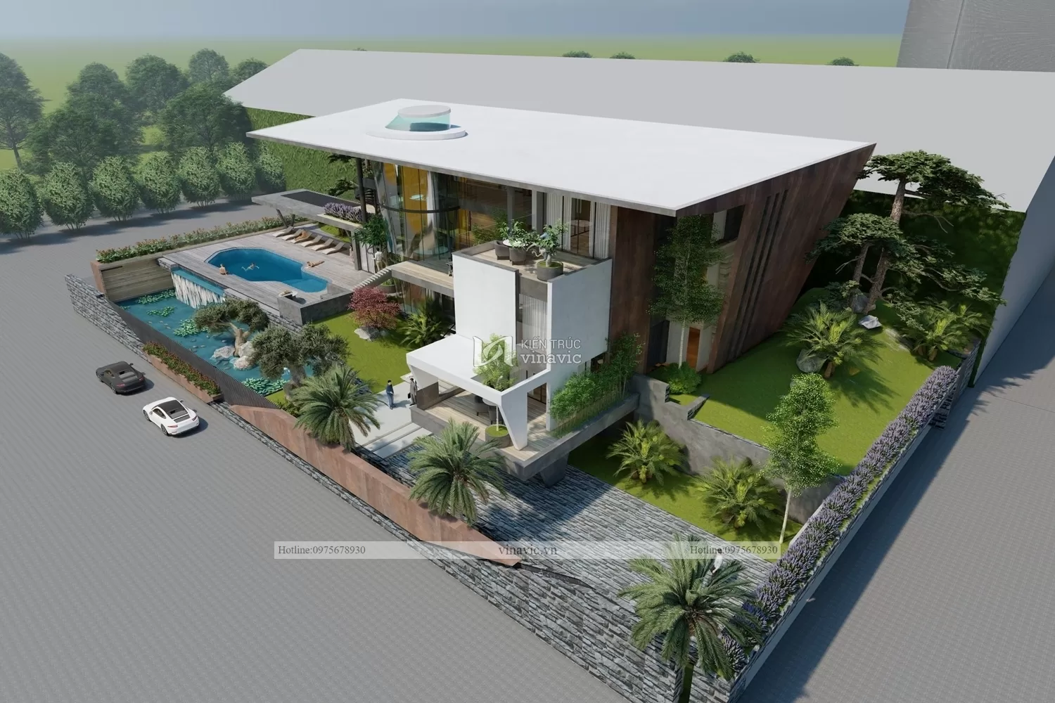 Phối cảnh mặt bên phải cho nhà biệt thự hiện đại kiêm villa nghỉ dưỡng