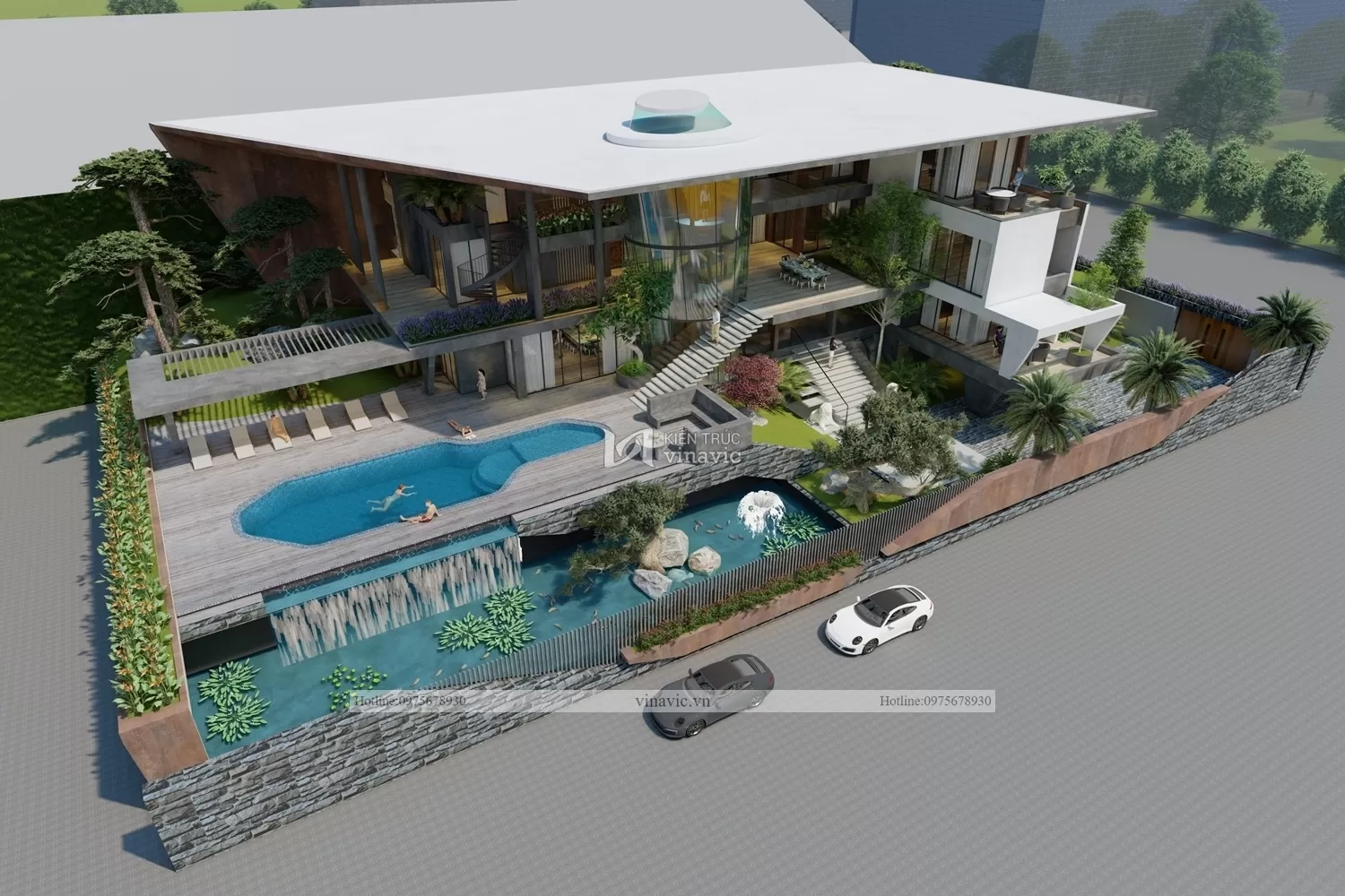 View toàn cảnh góc trái mẫu biệt thự villa hiện đại bề thế